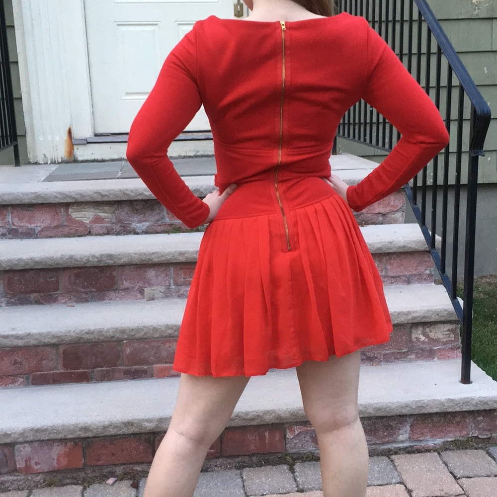 ASOS red drop waist pleated skirt dress - Picture 3 of 5